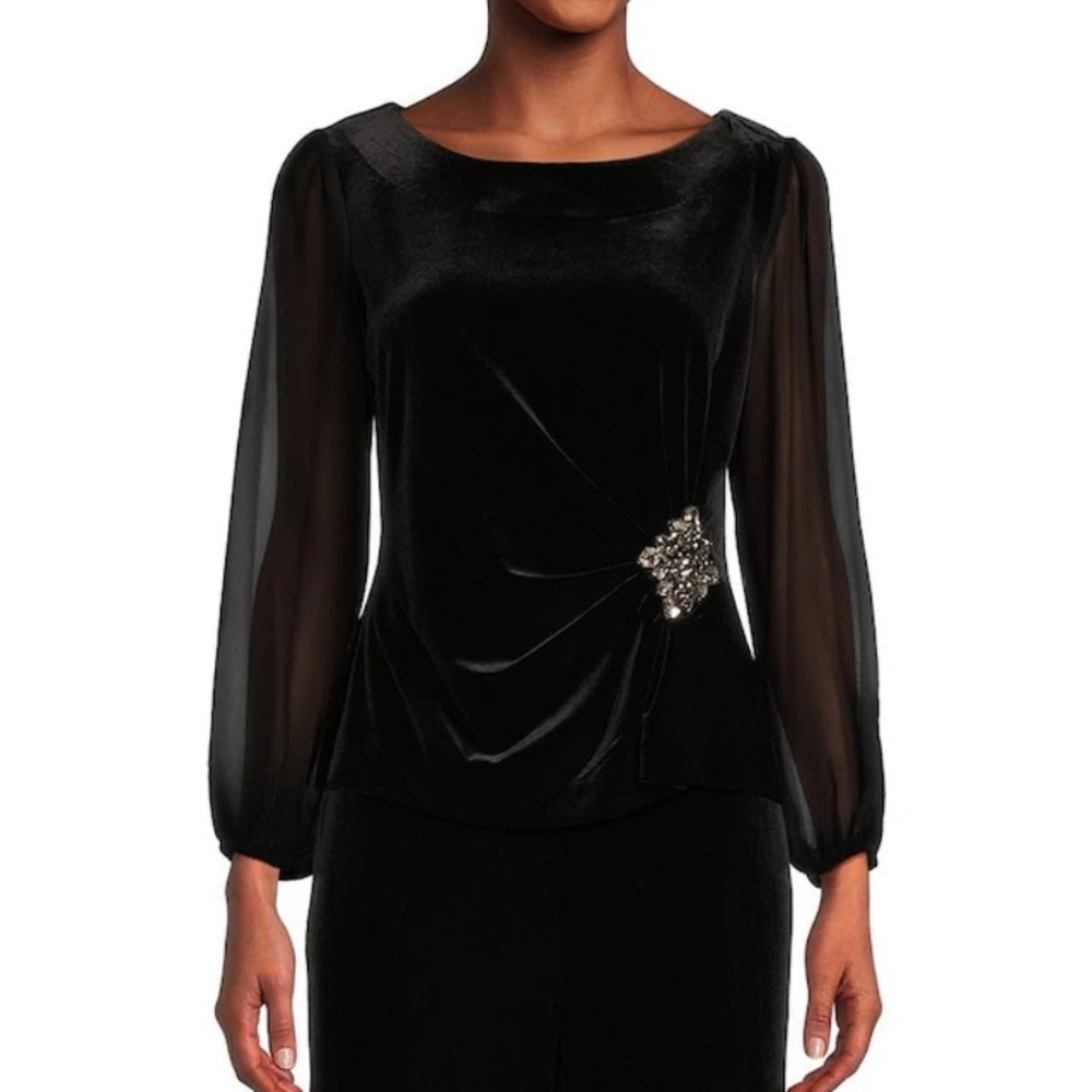 NWT Long Illusion Sleeve Scoop Neck Embellished Waist Stretch Velvet Blouse S